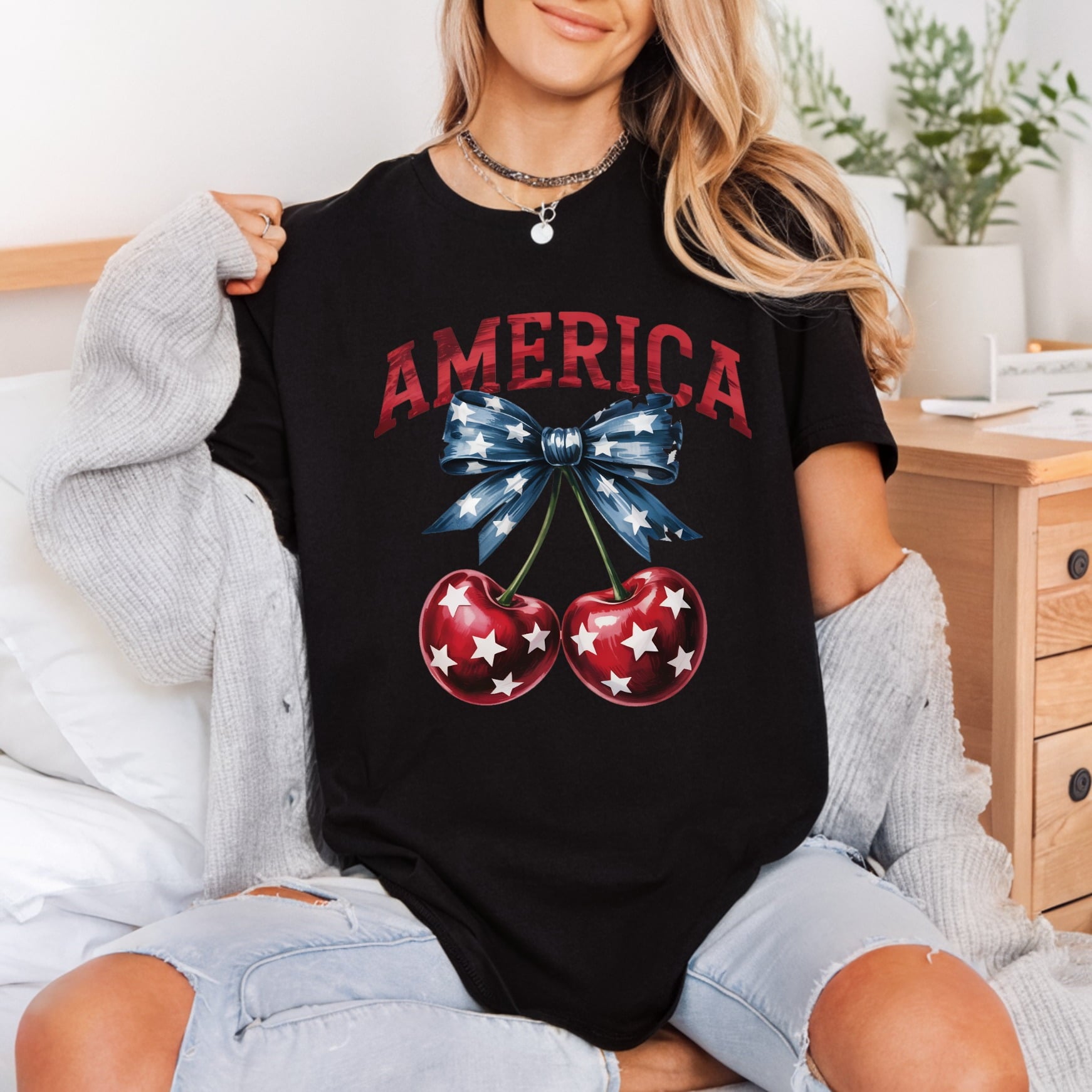 America Cherries Bow Patriotic 4th Of July Patriotic Ready to Press DTF Transfer for Dtf