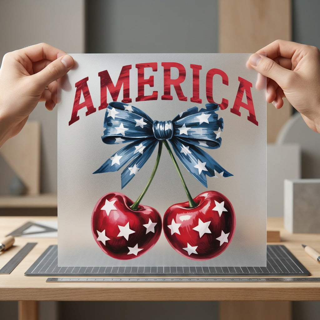 America Cherries Bow Patriotic 4th Of July Patriotic Ready to Press DTF Transfer for Dtf