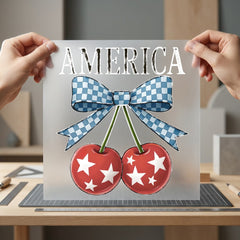 America Cherries Gingham Patriotic 4th Of July Patriotic Ready to Press DTF Transfer for Dtf