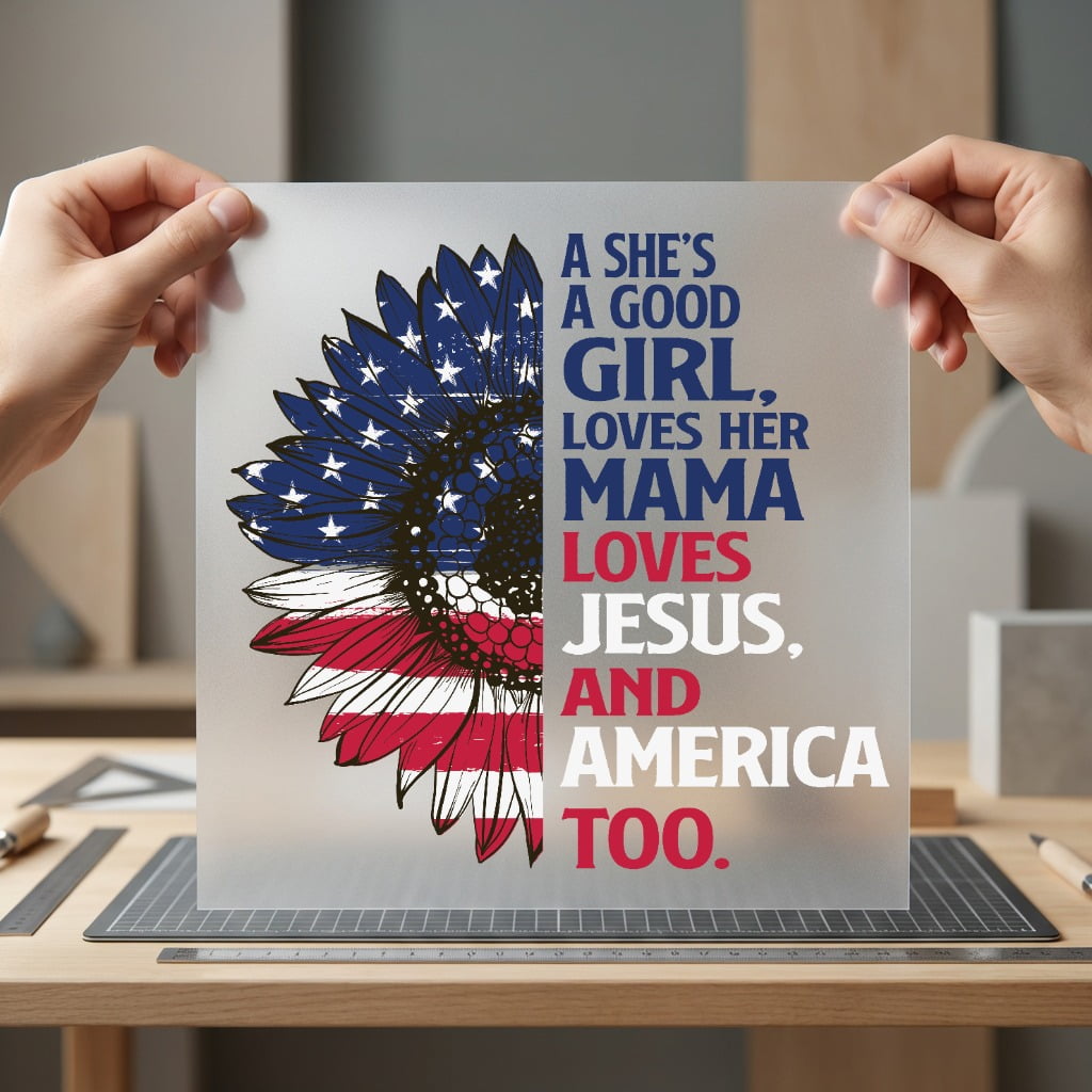 American Flag Sunflower Girl Christian Faith Ready to Press DTF Transfer for Dtf
