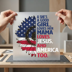 American Flag Sunflower Girl Christian Faith Ready to Press DTF Transfer for Dtf
