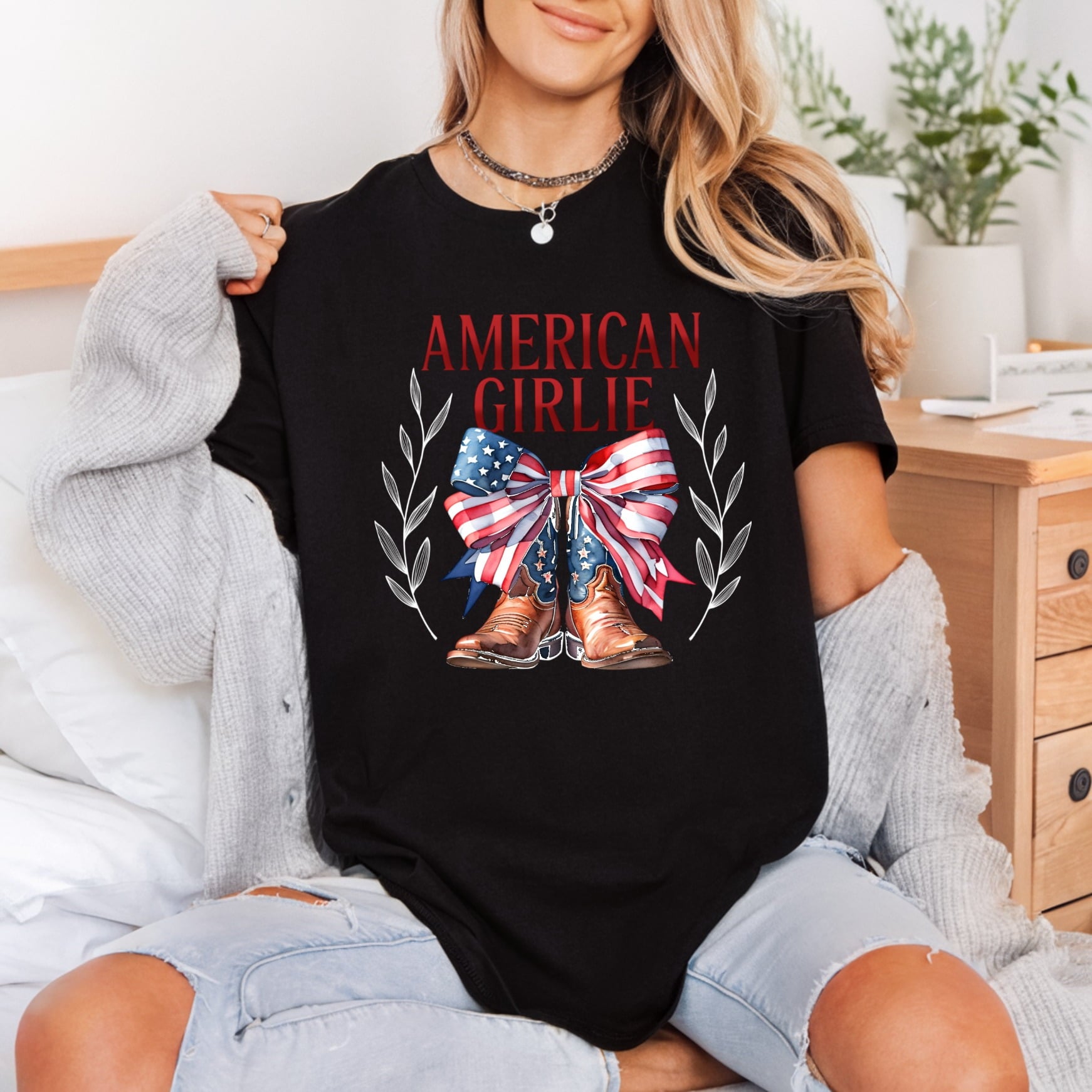 American Girlie Boots Bow 4th Of July Patriotic Ready to Press DTF Transfer for Dtf