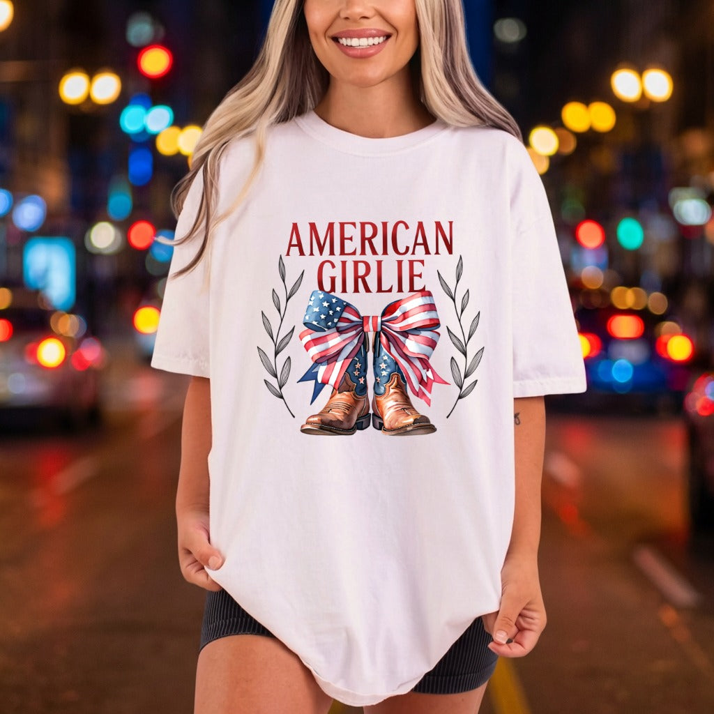 American Girlie Boots Bow 4th Of July Patriotic Ready to Press DTF Transfer for Dtf
