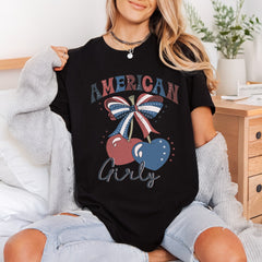 American Girly Cherry Bow 4th Of July Usa Ready to Press DTF Transfer for Dtf