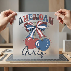 American Girly Cherry Bow 4th Of July Usa Ready to Press DTF Transfer for Dtf