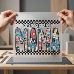 American Mama Floral Checkered 4th Of July Patriotic Ready to Press DTF Transfer for Dtf