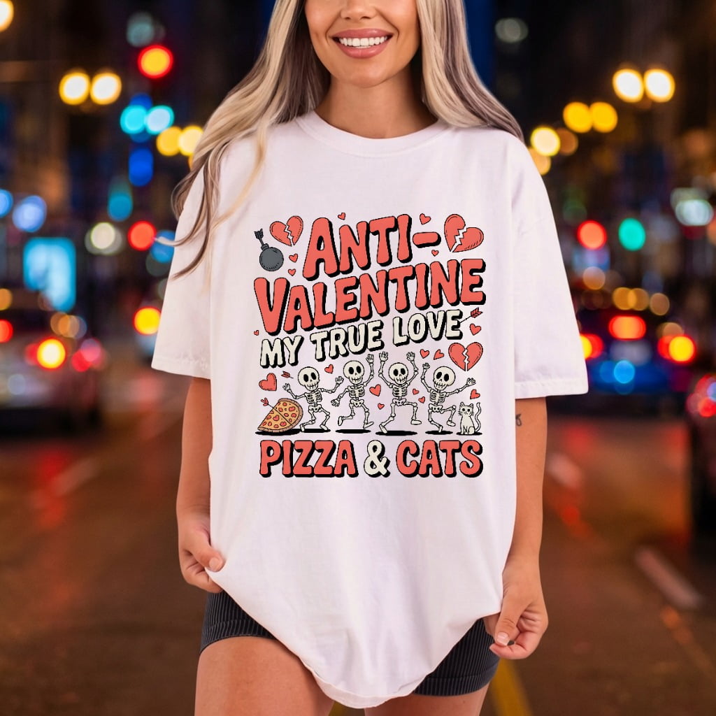 Anti-valentine Pizza Cats Skeletons Halloween Valentine Ready to Press DTF Transfer for Dtf
