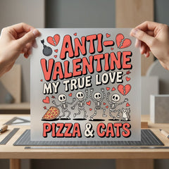 Anti-valentine Pizza Cats Skeletons Halloween Valentine Ready to Press DTF Transfer for Dtf