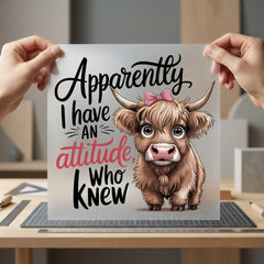 Attitude Highland Cow Cartoon Funny Pet Ready to Press DTF Transfer for Dtf