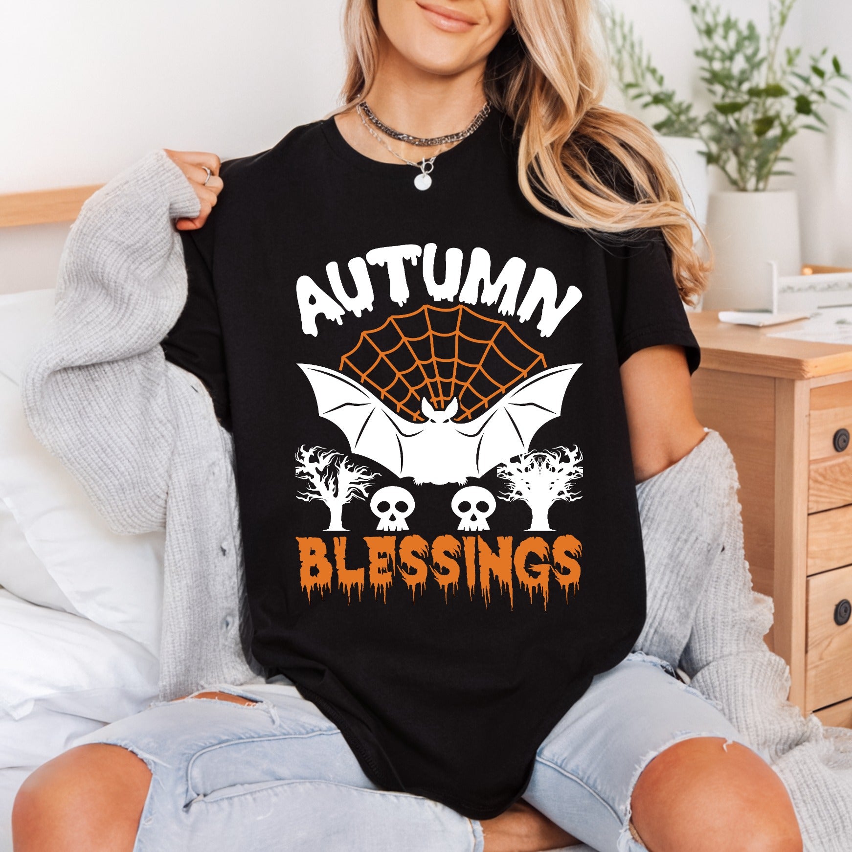 Autumn Blessings Bat Spiderweb Halloween Autumn Ready to Press DTF Transfer for Dtf