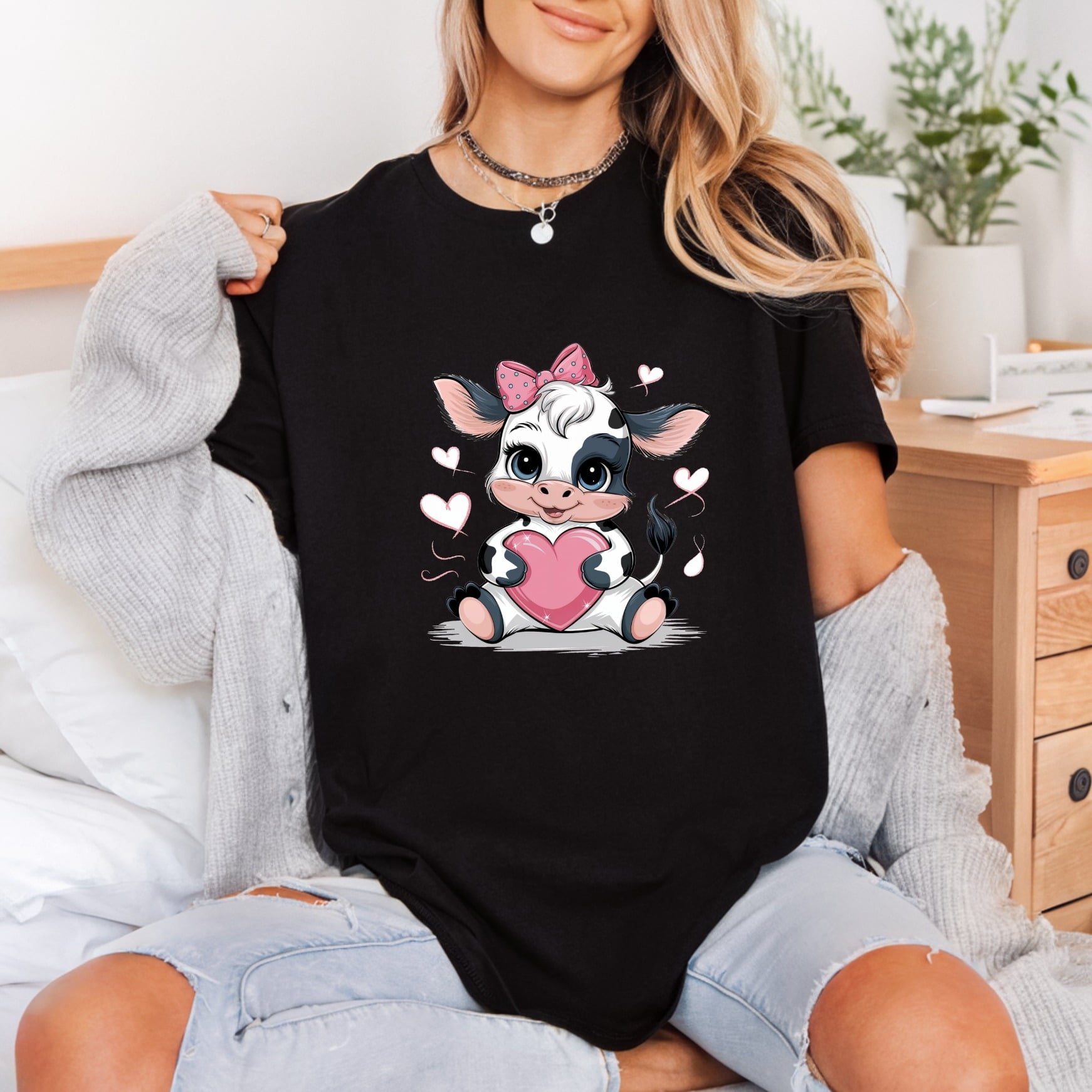 Baby Cow Pink Bow Valentine Pet Ready to Press DTF Transfer for Dtf