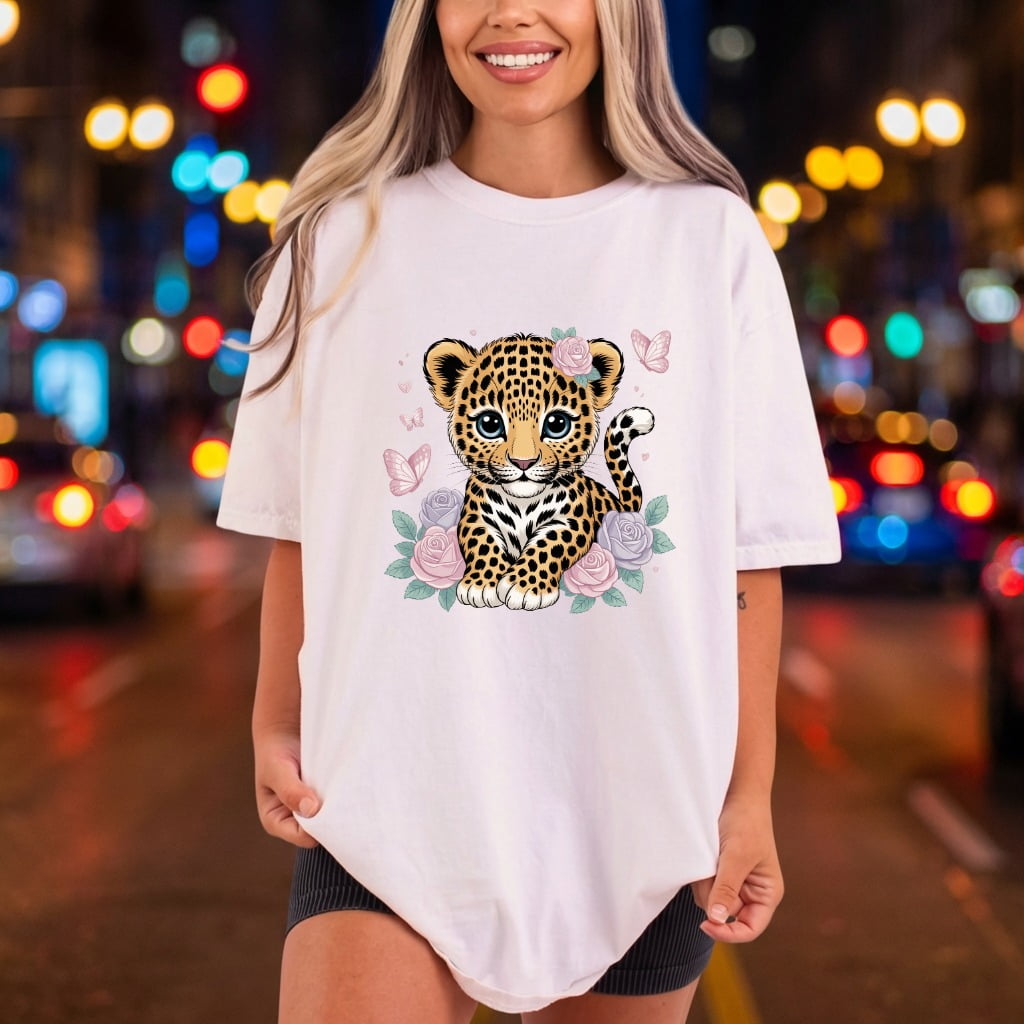 Baby Leopard Flowers Kawaii Aesthetic Leopard Ready to Press DTF Transfer for Dtf