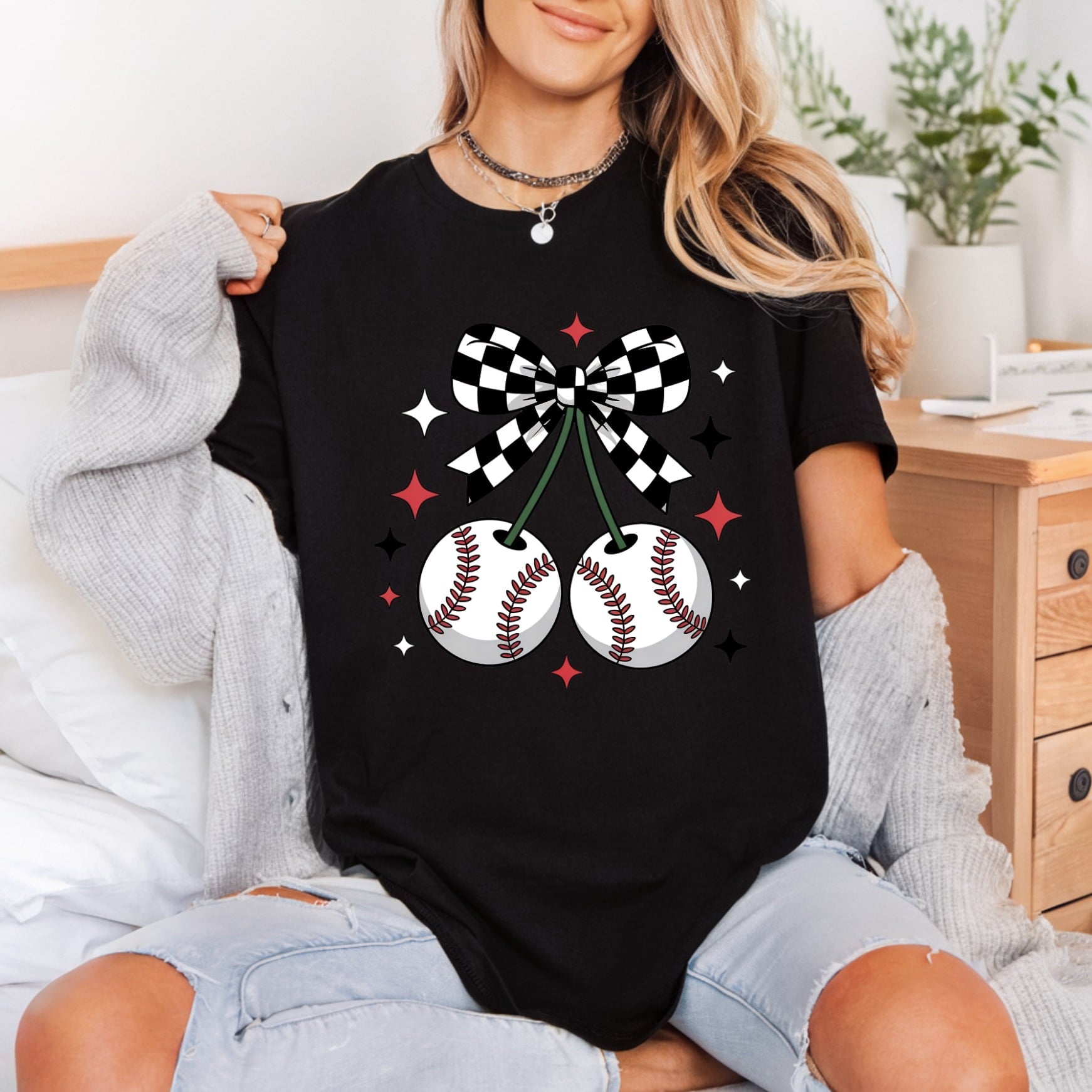 Baseball Cherry Checkered Bow Mom Fitness Ready to Press DTF Transfer for Dtf