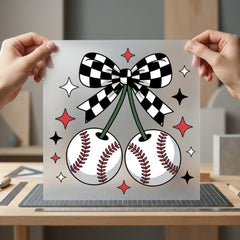 Baseball Cherry Checkered Bow Mom Fitness Ready to Press DTF Transfer for Dtf