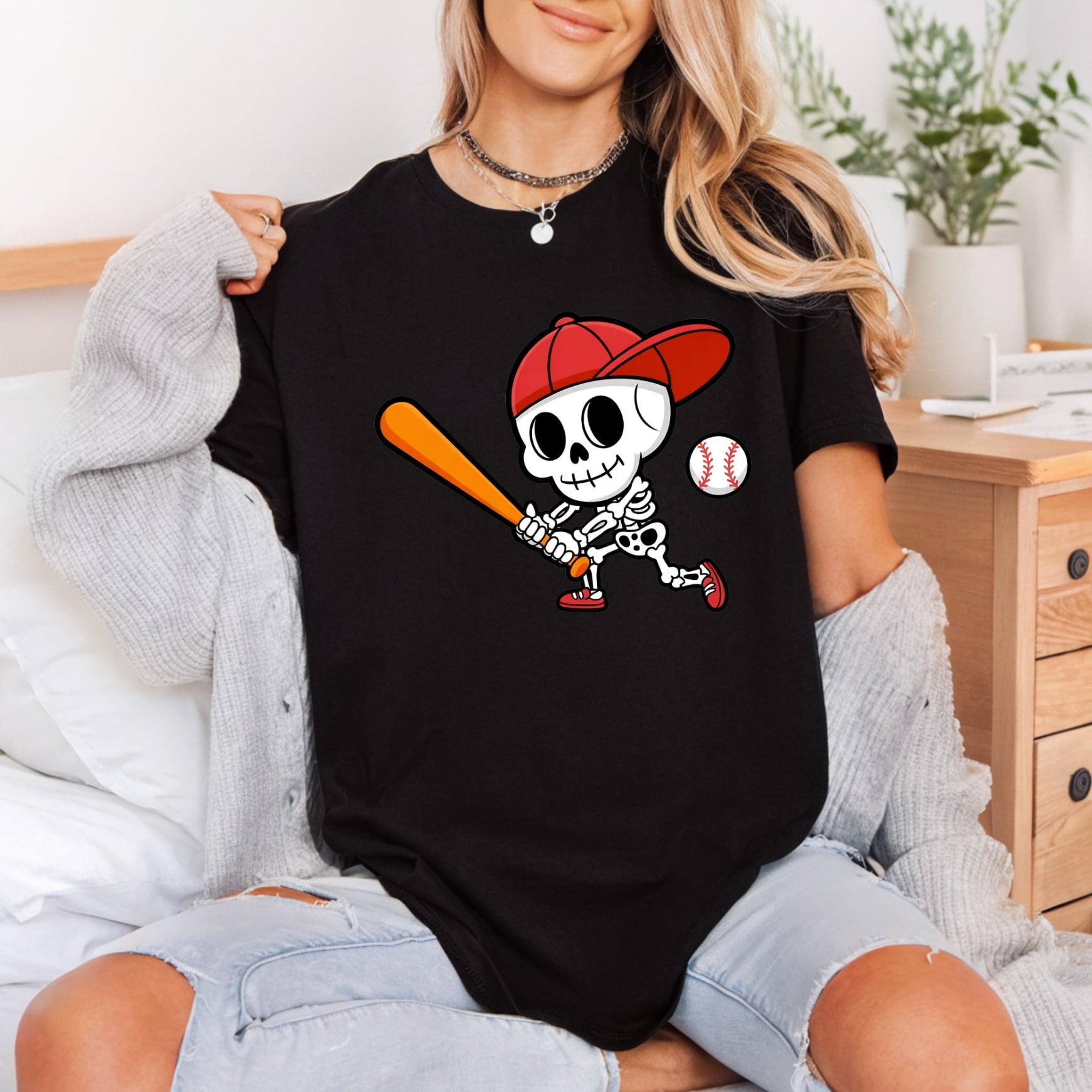 Baseball Skeleton Cartoon Sports Halloween Funny Ready to Press DTF Transfer for Dtf