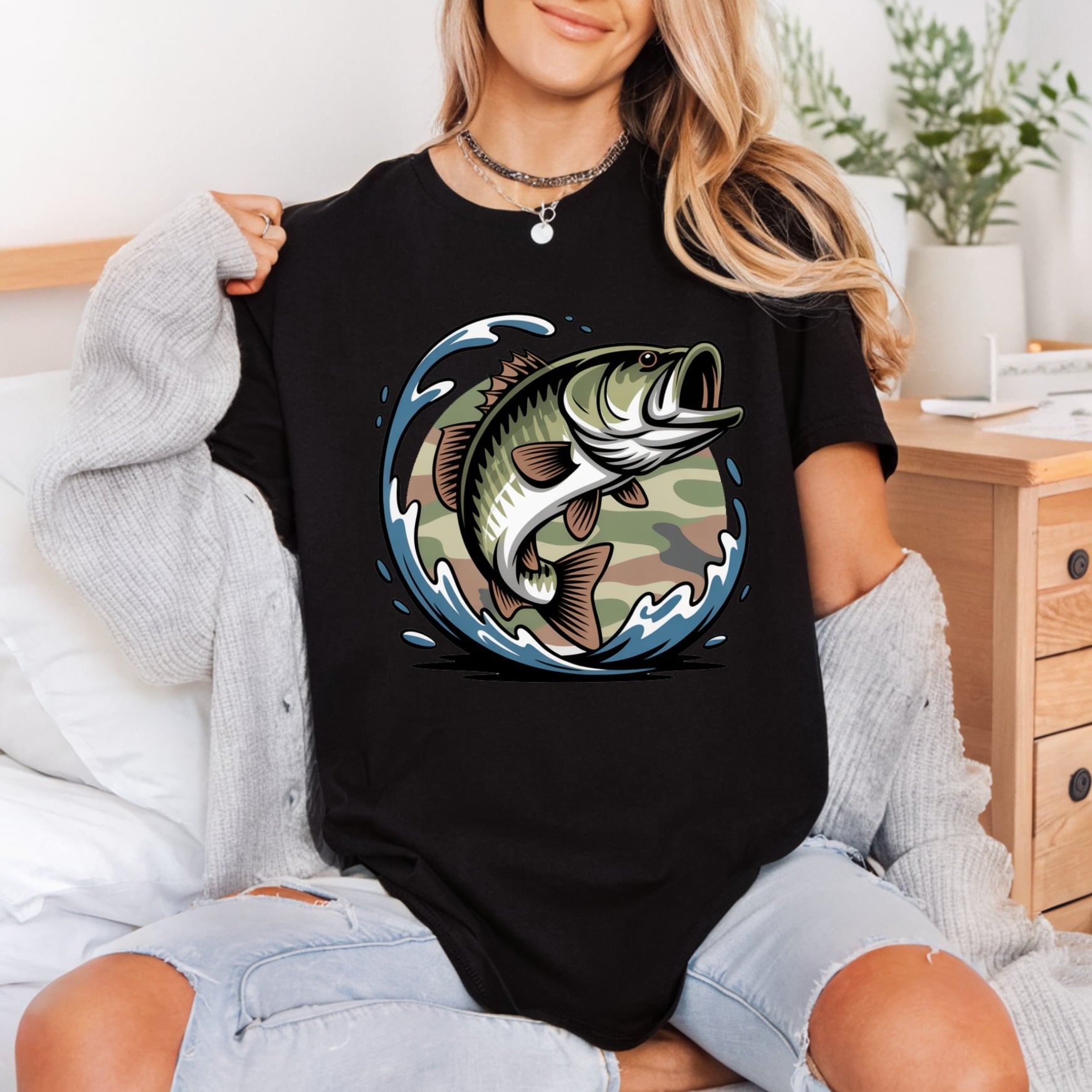Bass Fish Camo Fishing Fishing Hunting Ready to Press DTF Transfer for Dtf