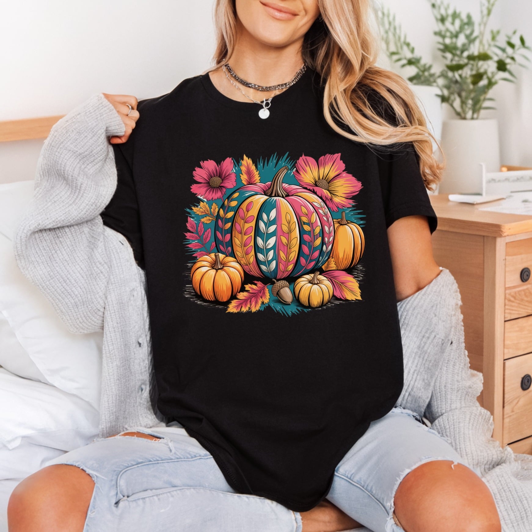 Boho Fall Pumpkins Flowers Thanksgiving Fall Ready to Press DTF Transfer for Dtf