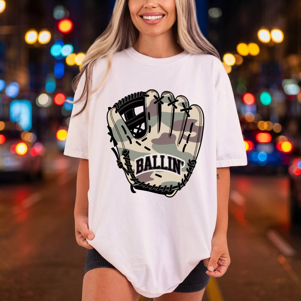 Camo Baseball Glove Ballin Retro Aesthetic Ready to Press DTF Transfer for Dtf