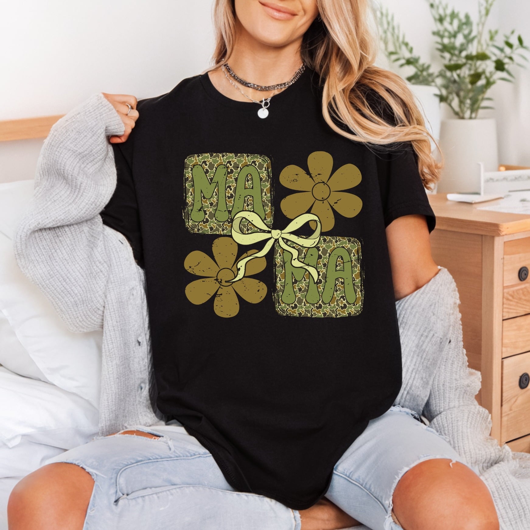 Camo Mama Flower Bow Usa Mom Ready to Press DTF Transfer for Dtf