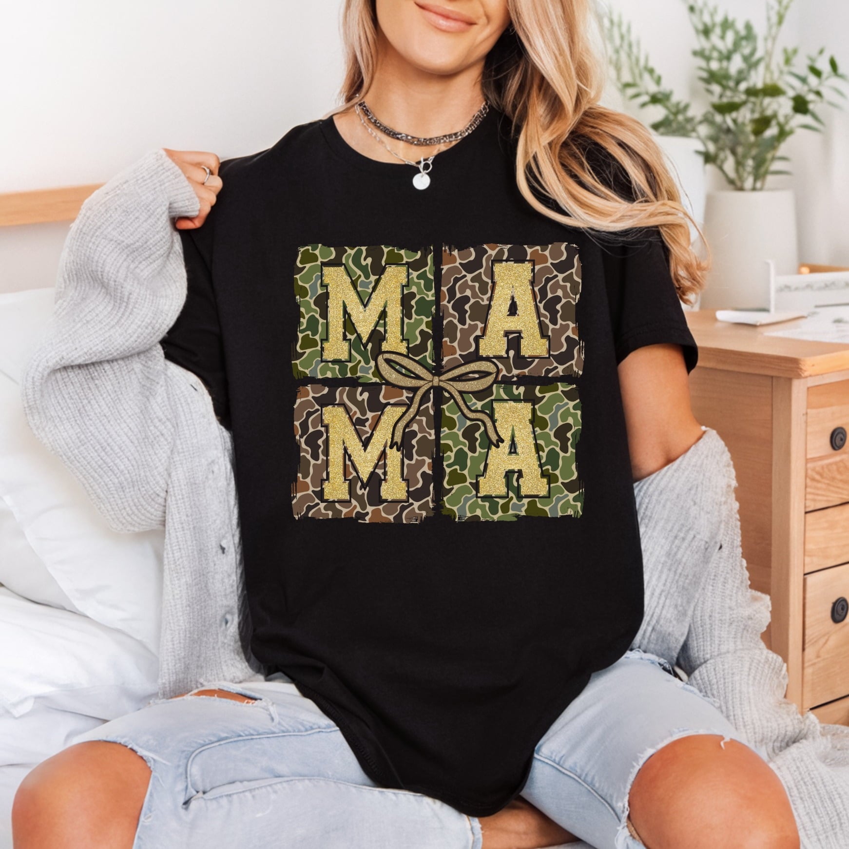 Camo Mama Glitter Bow Usa Mom Ready to Press DTF Transfer for Dtf
