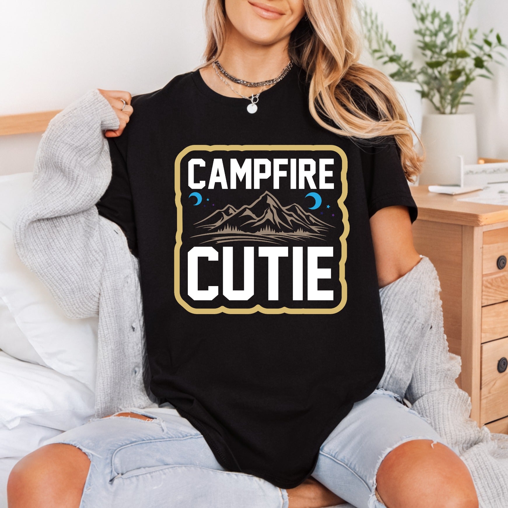 Campfire Cutie Mountain Moon Vintage Retro Ready to Press DTF Transfer for Dtf