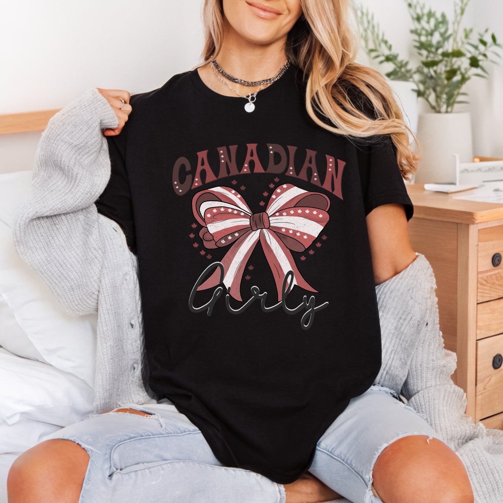 Canadian Girly Bow Patriotic Patriotic Vintage Ready to Press DTF Transfer for Dtf