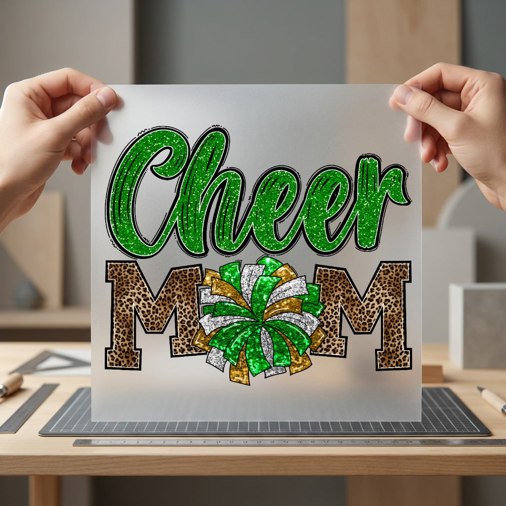 Cheer Mom Leopard Glitter Mom Leopard Ready to Press DTF Transfer for Dtf