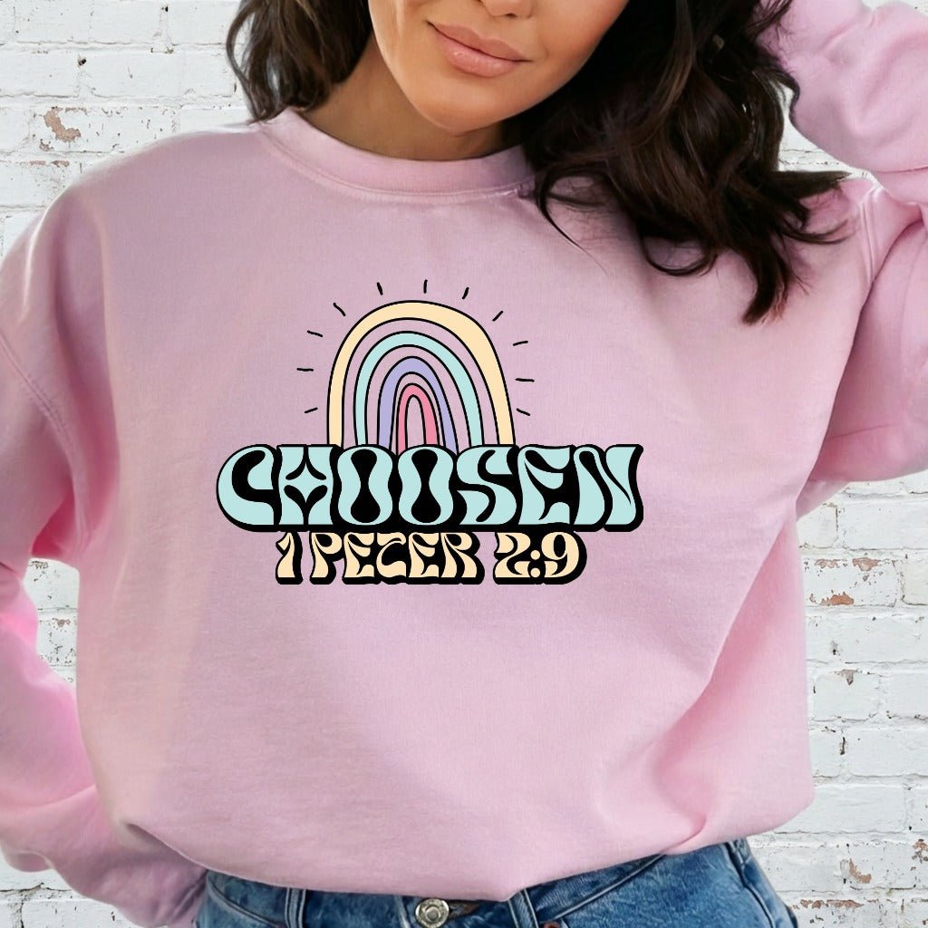 Chosen 1 Peter 2:9 | Retro Rainbow Faith Sweatshirt - Luckets.com