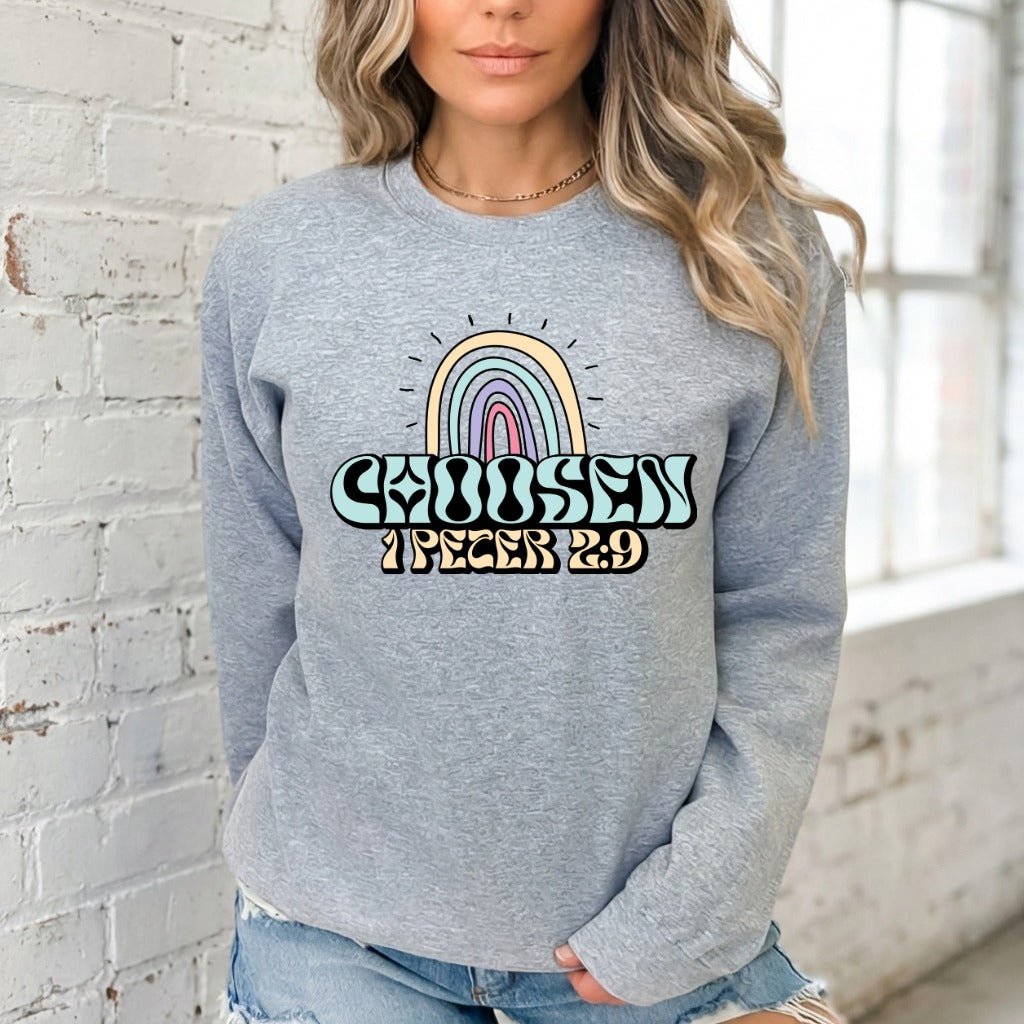 Chosen 1 Peter 2:9 | Retro Rainbow Faith Sweatshirt - Luckets.com