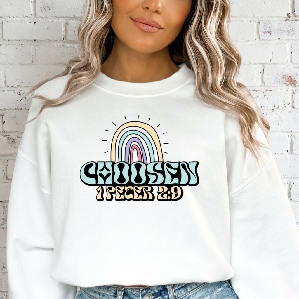 Chosen 1 Peter 2:9 | Retro Rainbow Faith Sweatshirt - Luckets.com