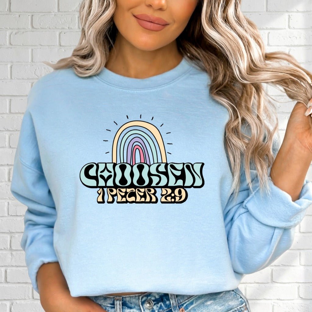 Chosen 1 Peter 2:9 | Retro Rainbow Faith Sweatshirt - Luckets.com