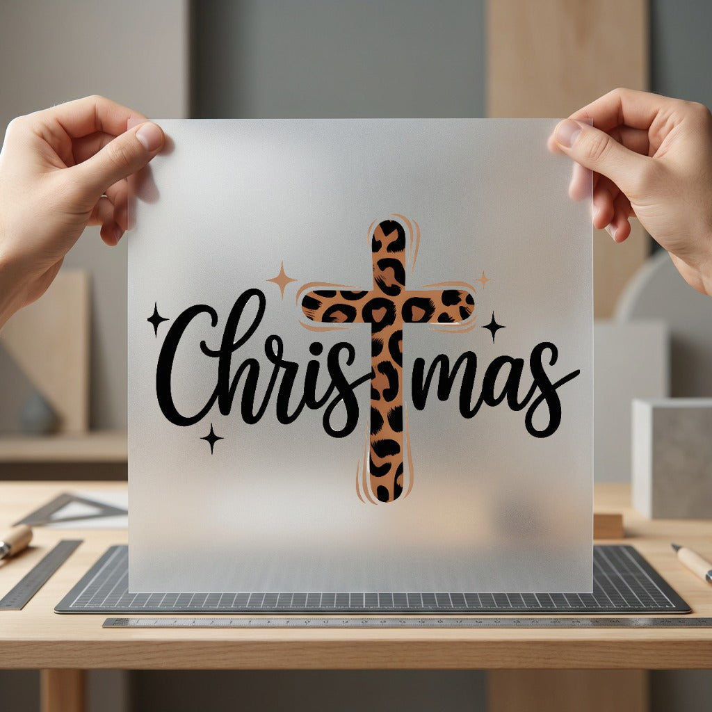 Christmas Leopard Cross Rustic Christian Faith Ready to Press DTF Transfer for Dtf