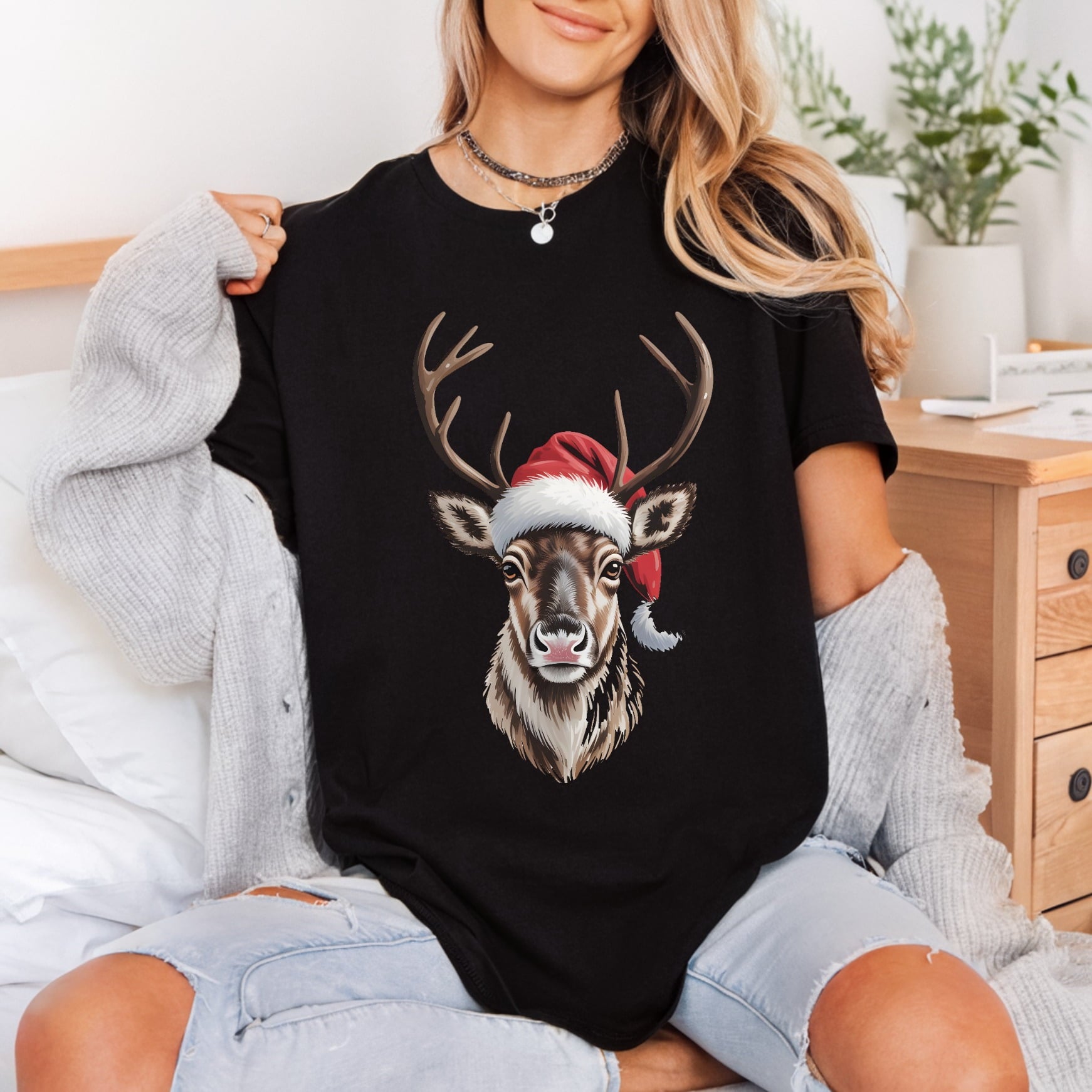 Christmas Reindeer Santa Hat Christmas Winter Ready to Press DTF Transfer for Dtf