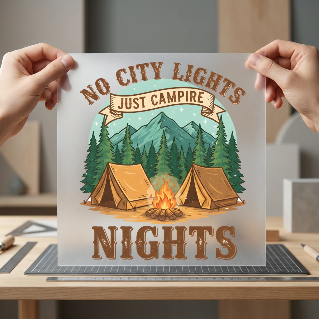 City Lights Just Campfire Retro Camping Ready to Press DTF Transfer for Dtf