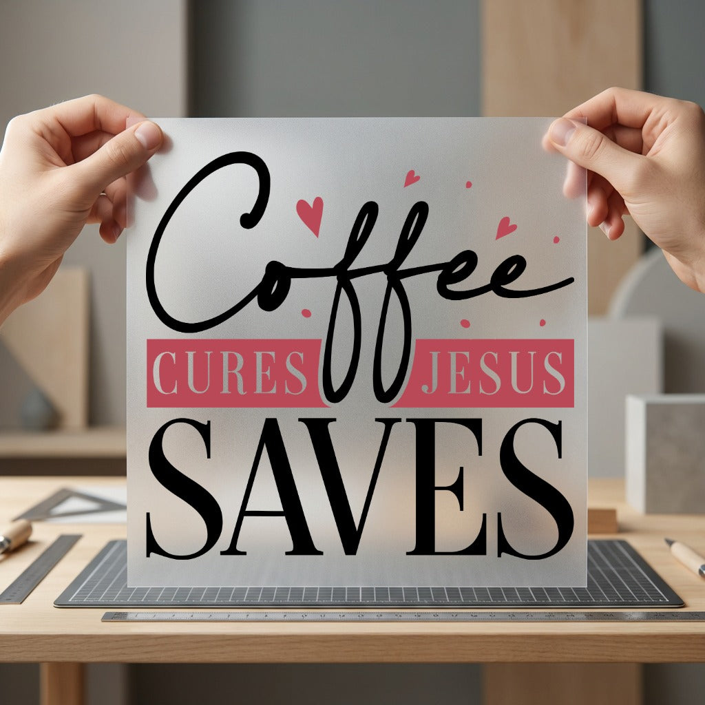 Coffee Cures Jesus Saves Christian Faith Ready to Press DTF Transfer for Dtf