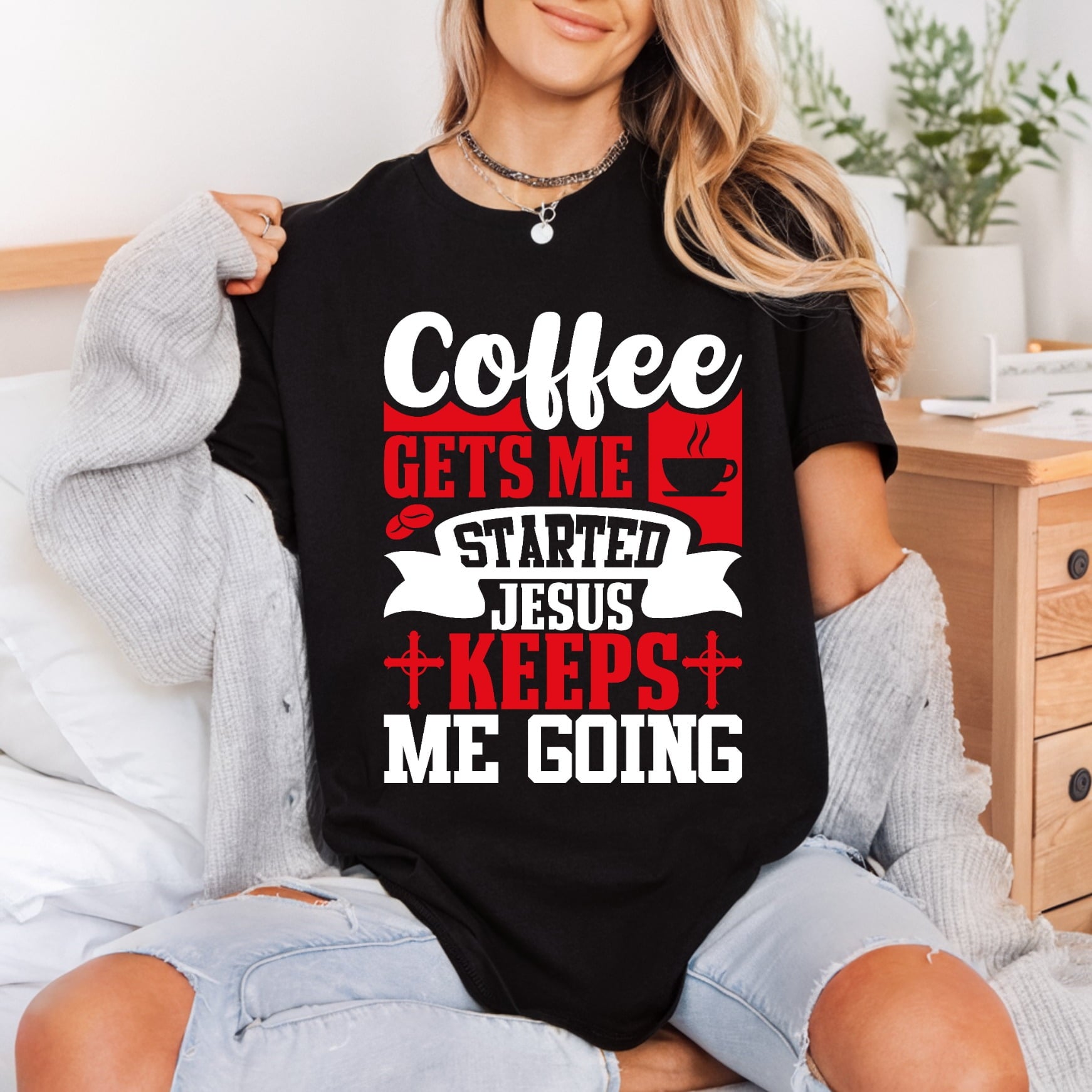Coffee Gets Started Jesus Christian Faith Ready to Press DTF Transfer for Dtf