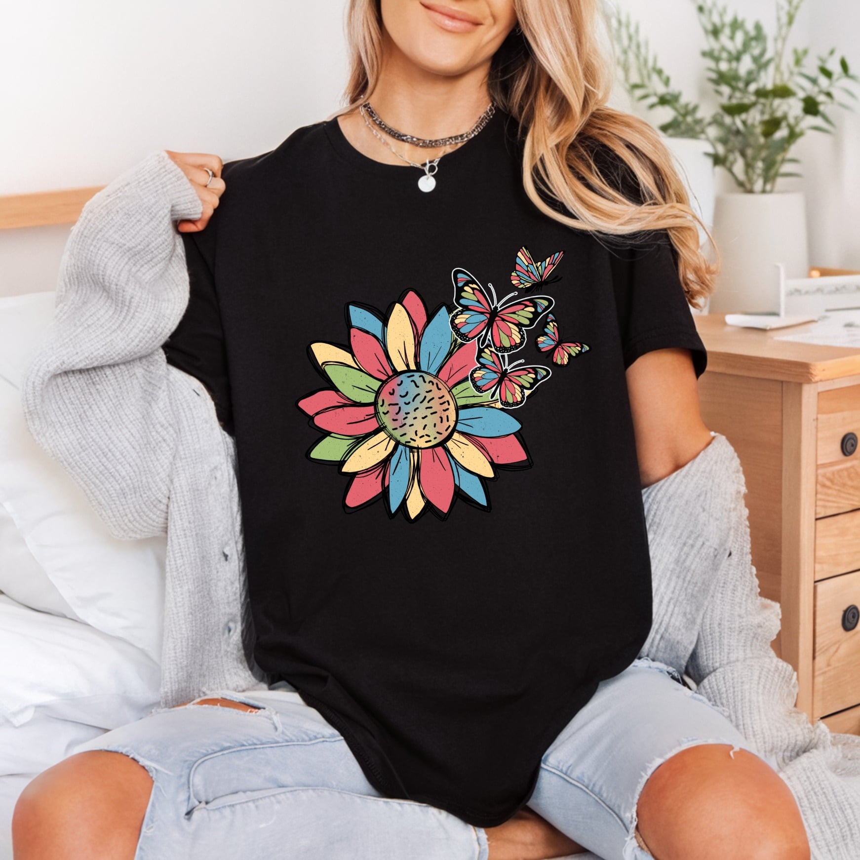 Colorful Sunflower Butterflies Boho Vintage Retro Ready to Press DTF Transfer for Dtf