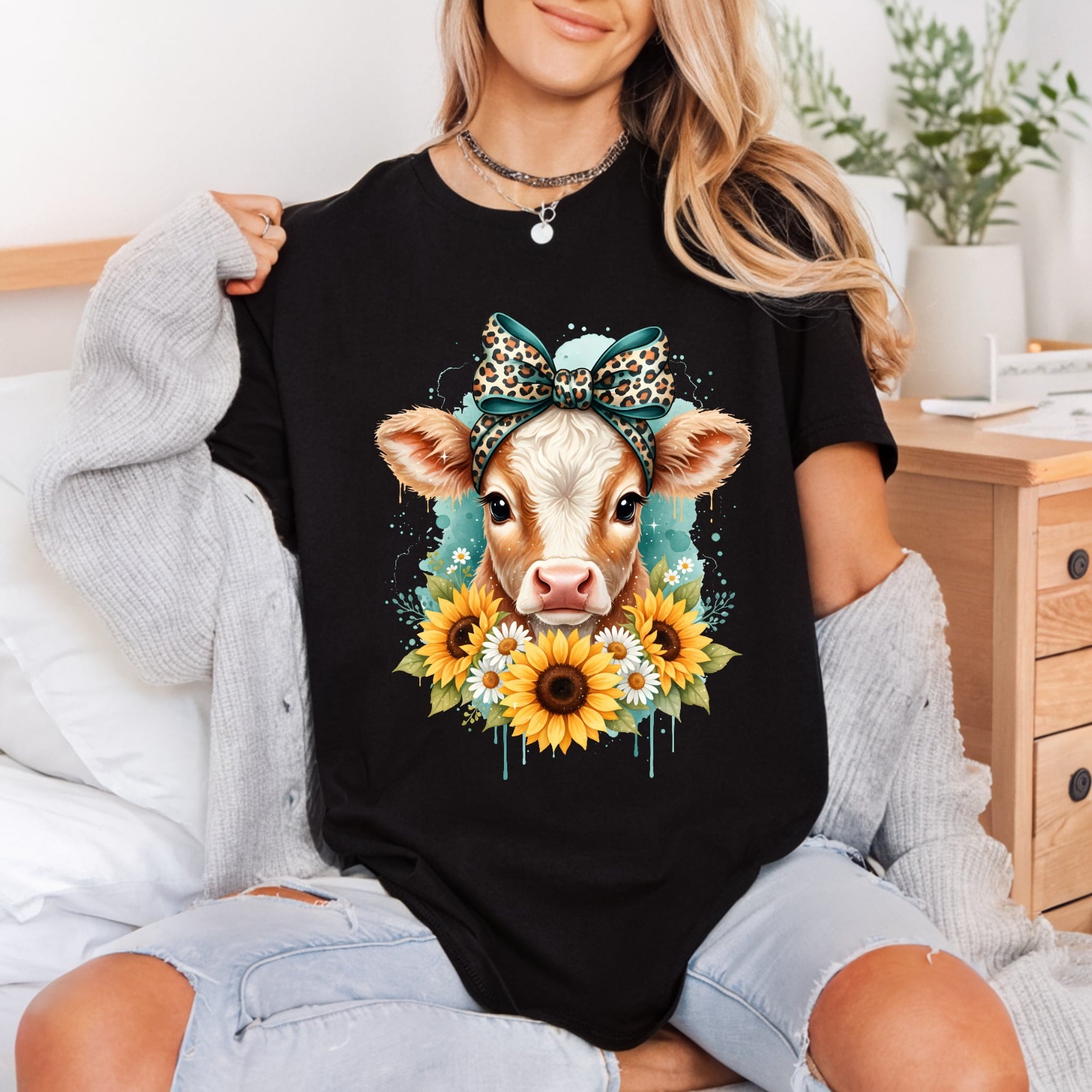 Cow Sunflowers Leopard Bow Usa Country Ready to Press DTF Transfer for Dtf