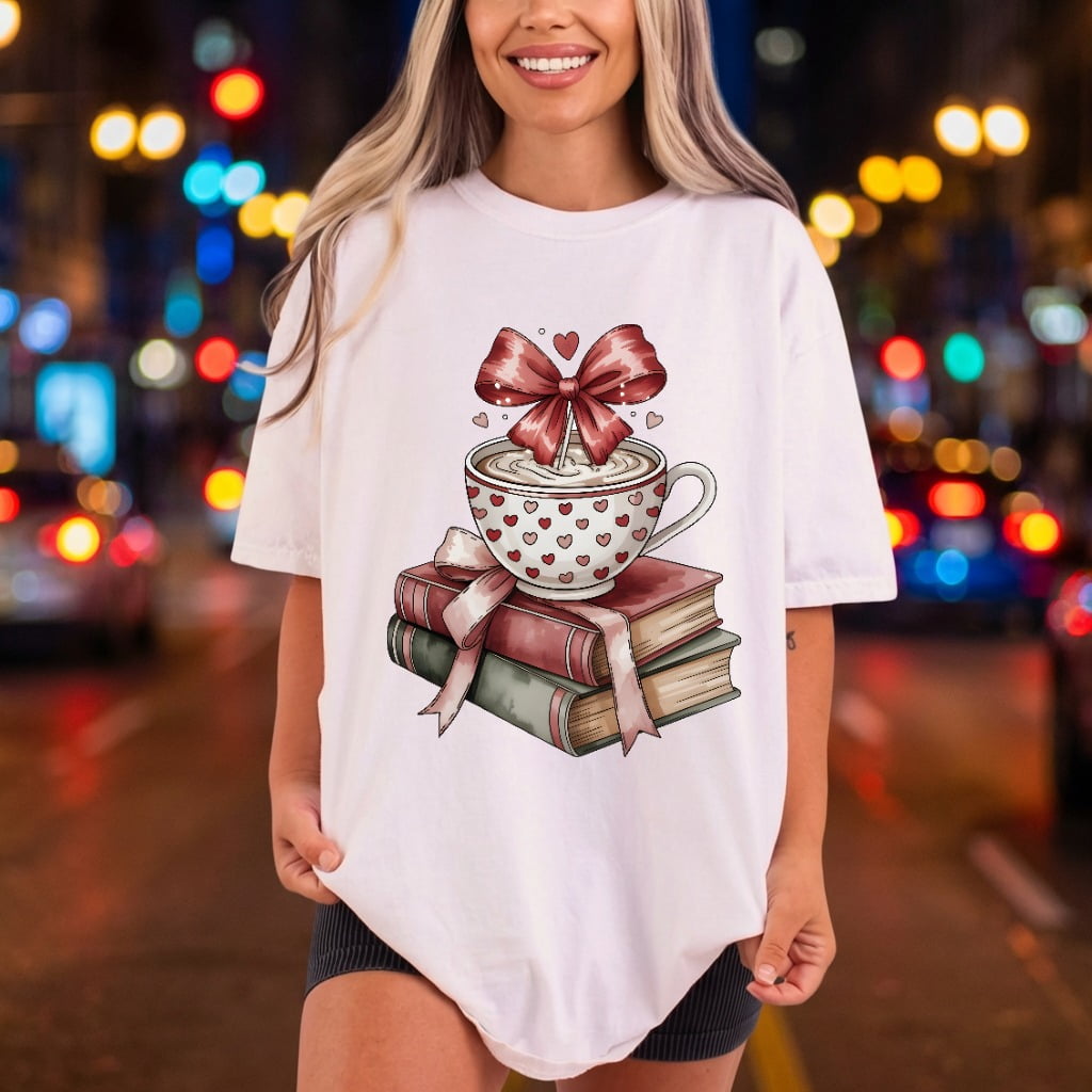 Cozy Bookstack Coffee Valentine Valentine Ready to Press DTF Transfer for Dtf