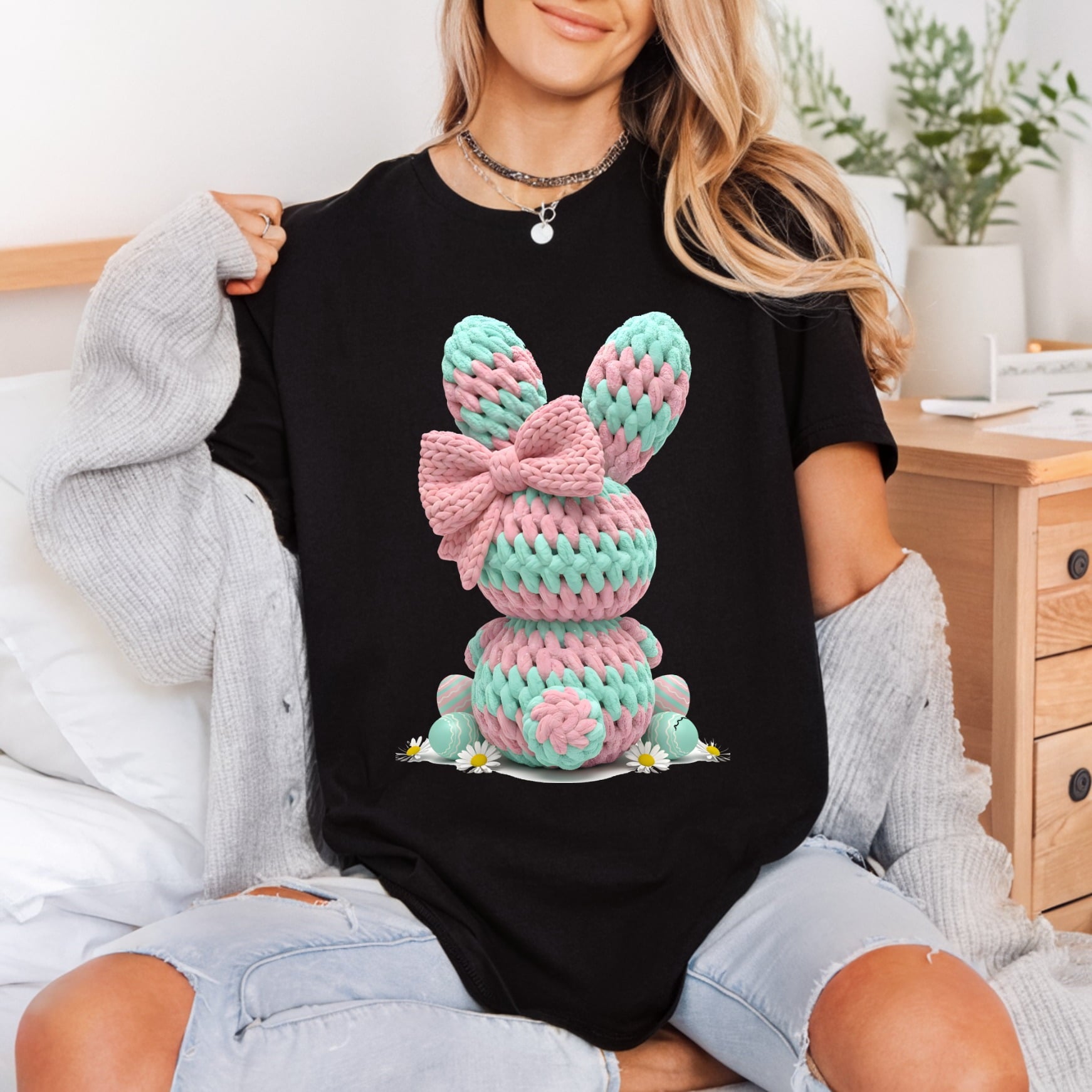 Crochet Bunny Bow Kawaii Easter Aesthetic Ready to Press DTF Transfer for Dtf