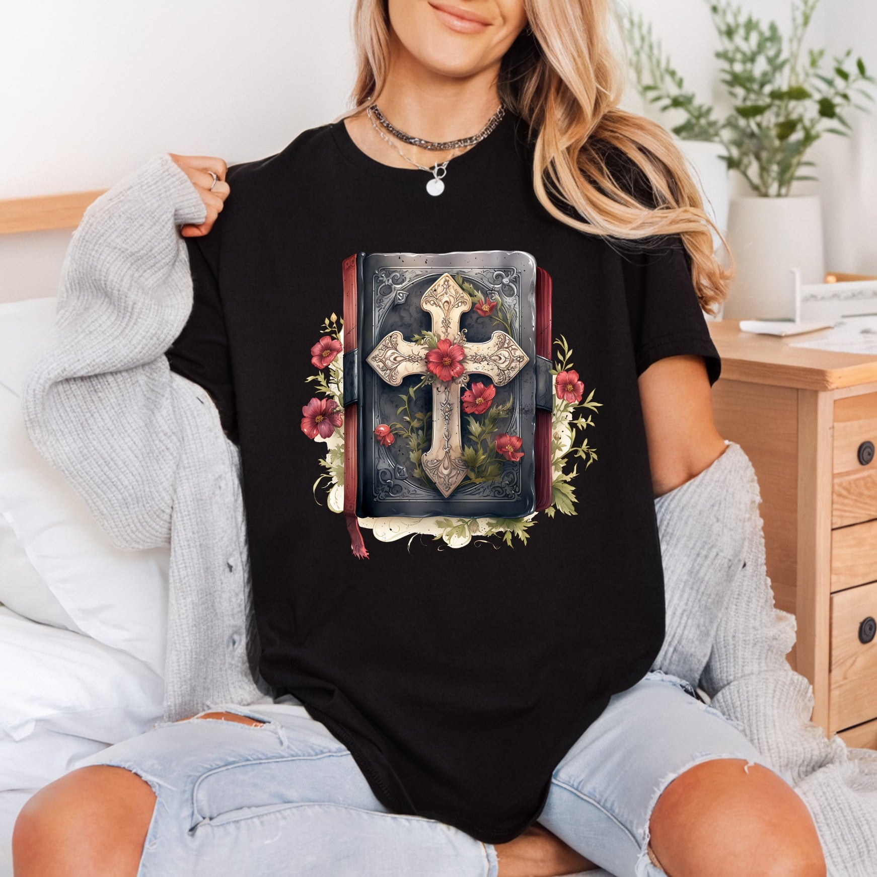 Cross Bible Floral Vintage Faith Bible Ready to Press DTF Transfer for Dtf