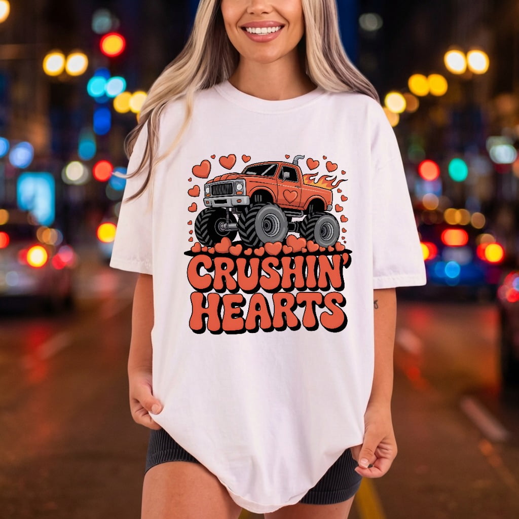 Crushin Hearts Monster Truck Valentine Funny Ready to Press DTF Transfer for Dtf