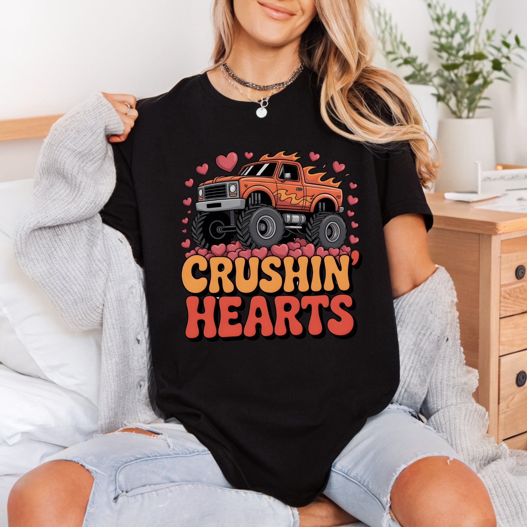 Crushin Hearts Monster Truck Valentine Funny Ready to Press DTF Transfer for Dtf