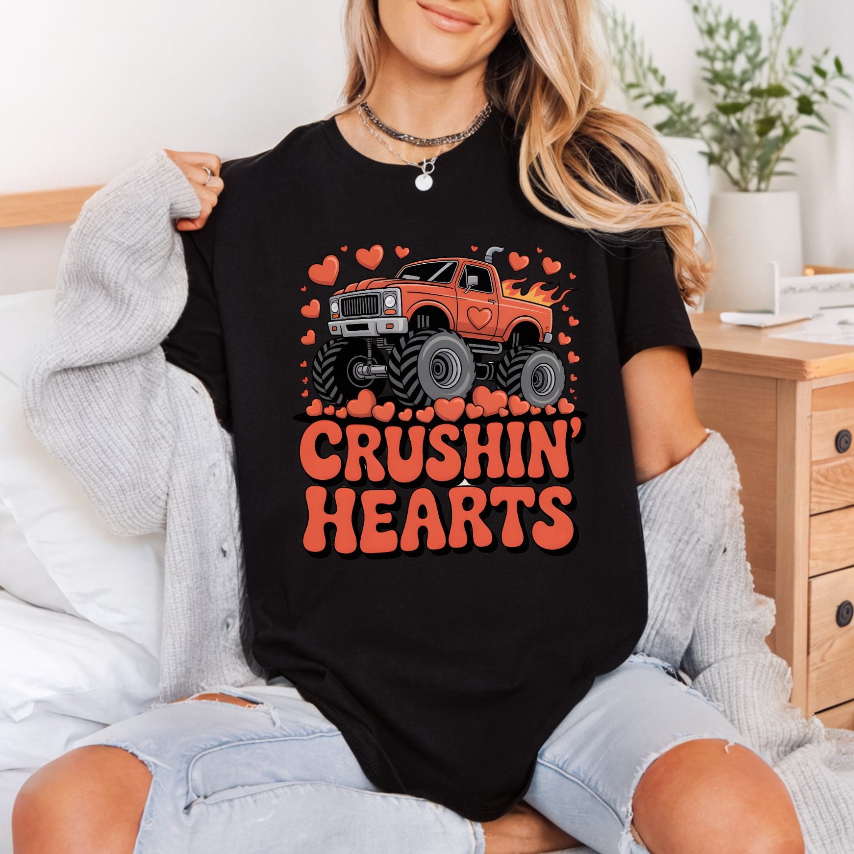 Crushin Hearts Monster Truck Valentine Funny Ready to Press DTF Transfer for Dtf