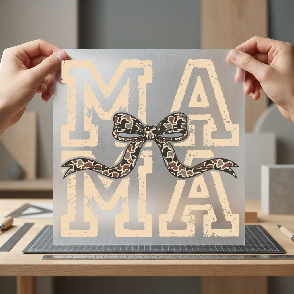 Distressed Mama Camo Bow Mom Mama Ready to Press DTF Transfer for Dtf