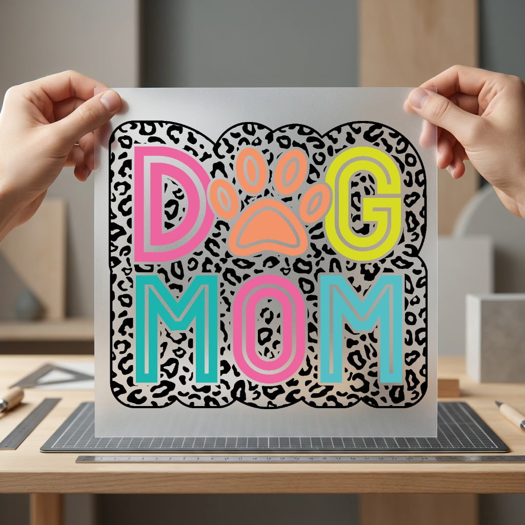 Sample of the Dog Mom leopard print transfer applied to a white t-shirt surface