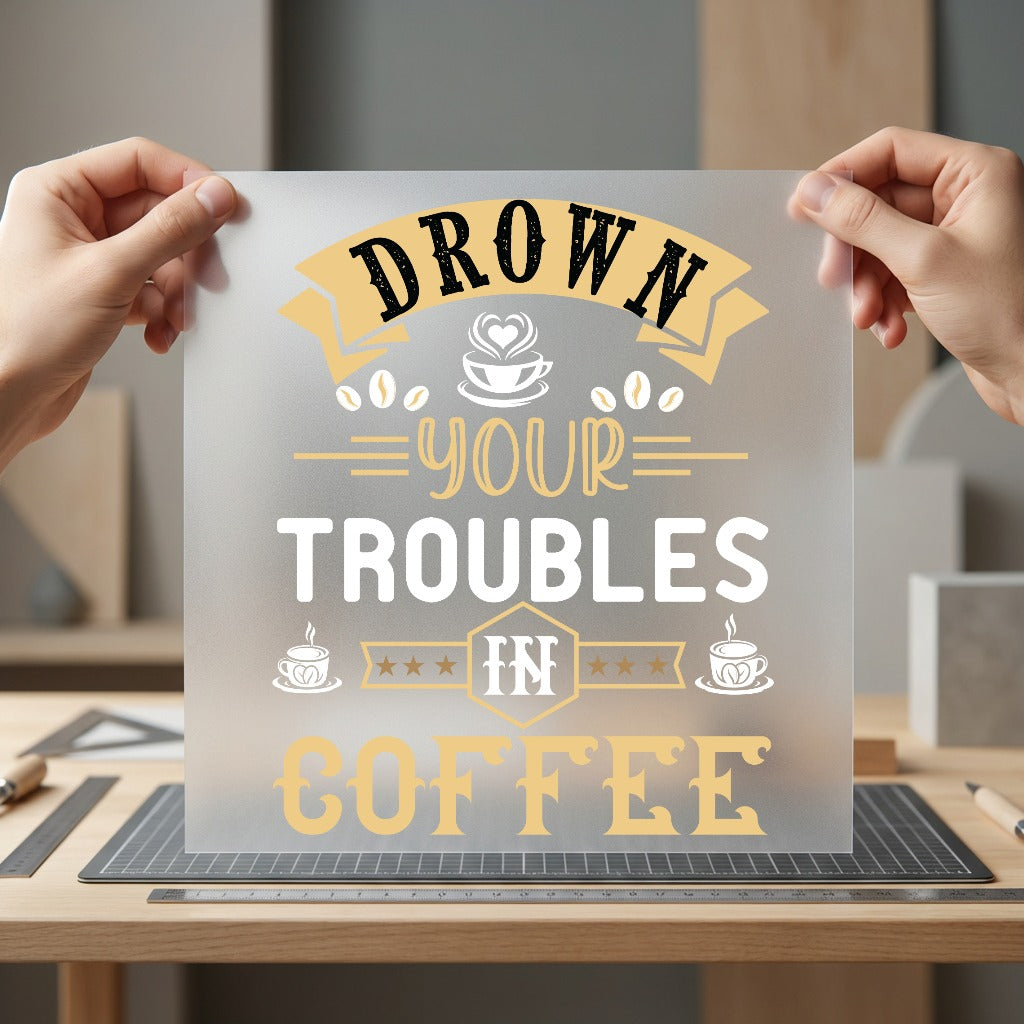 Drown Troubles Coffee Retro Funny Sarcastic Ready to Press DTF Transfer for Dtf