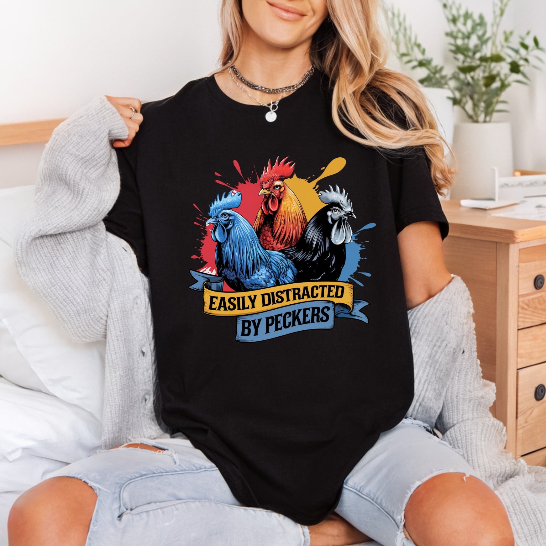 Easily Distracted Peckers Rooster Funny Sarcastic Ready to Press DTF Transfer for Dtf