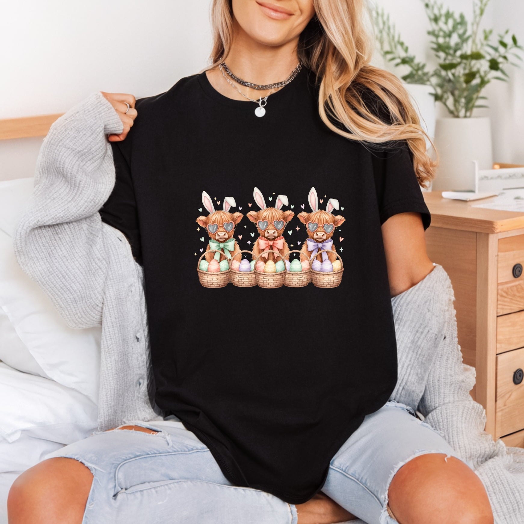 Easter Highland Cows Bunny Easter Aesthetic Ready to Press DTF Transfer for Dtf