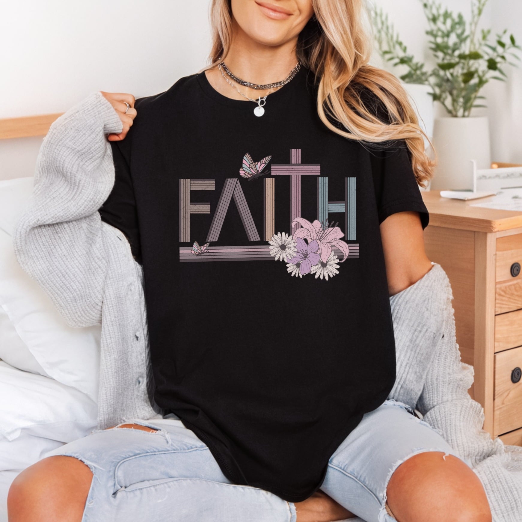 Faith Floral Cross Retro Christian Faith Ready to Press DTF Transfer for Dtf